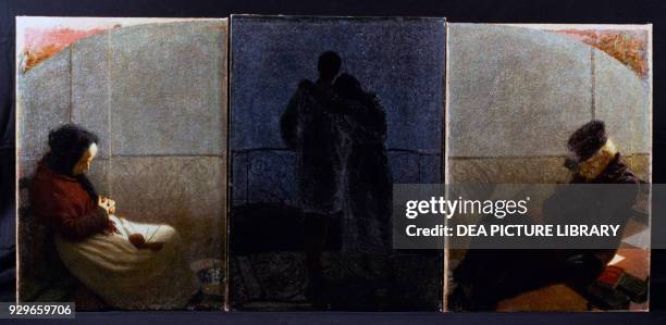 Dream and Reality triptych by Angelo Morbelli , oil on canvas, 112x77, 112x79, 112x77 cm. Italy, 20th century.