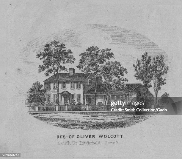 Engraving of the residence of Oliver Wolcott, singer of both the Declaration of Independence and Articles of Confederation, Litchfield, Connecticut,...