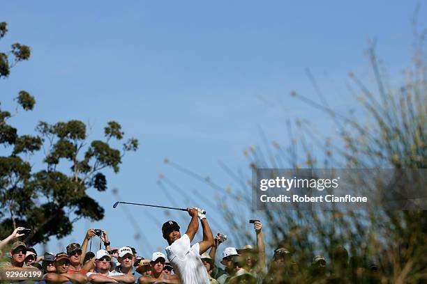 Tiger Woods of the USA tees off on the 8th hole during the Pro-Am ahead of the 2009 Australian Masters at Kingston Heath Golf Club on November 11,...