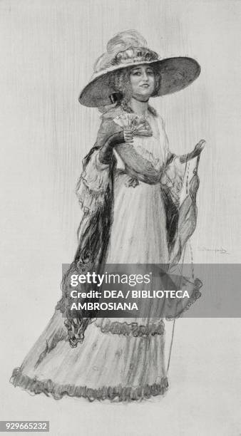Lyda Borelli in Madame Tallien, drawing by L Bompard, from L'Illustrazione Italiana, Year XL, No 18, May 4, 1913.