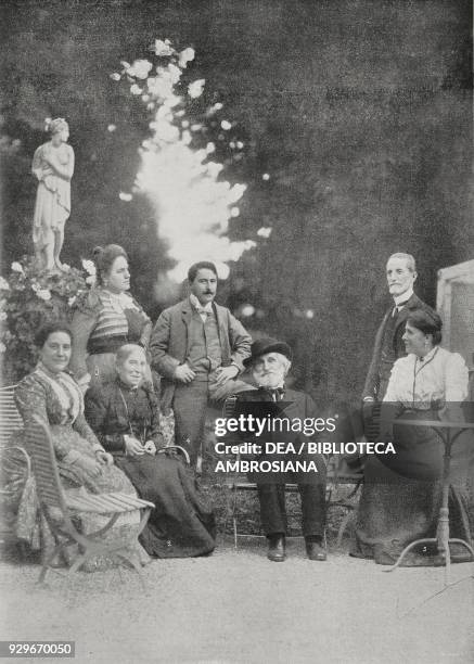 Giuseppe Verdi in the garden of Villa Sant'Agata with relatives and friends: 1 his niece Maria Carrara Verdi, 2 his sister-in-law Barberina...