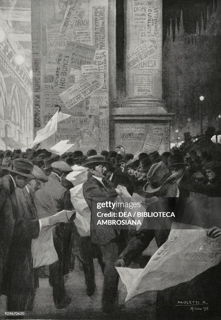 Election night in Milan, reading newspapers