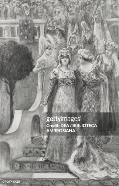 Parisina appears at the top of the stairs followed by young performers, Act I of Parisina, by Gabriele D'Annunzio and Pietro Mascagni, at the La...