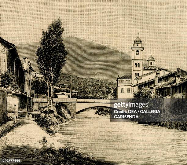 Bridge over the Dora Riparia river and church of Saint Mary, Susa, Piedmont, Italy, woodcut from Le cento citta d'Italia , illustrated monthly...