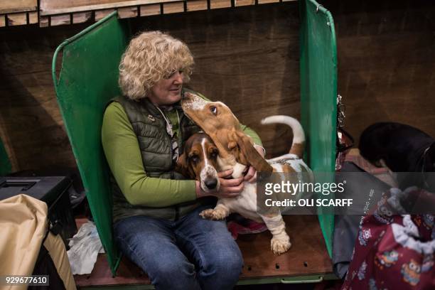 Woman cuddles her Basset Hounds in their pen on the second day of the Crufts dog show at the National Exhibition Centre in Birmingham, central...