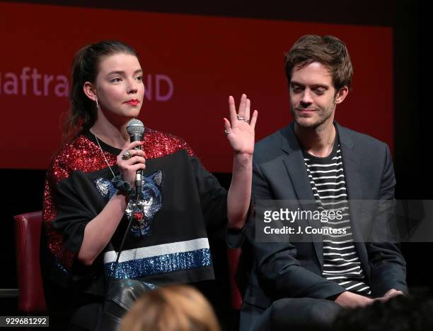 Actress Anya Taylor-Joy and director Cory Finley speak during SAG-AFTRA Foundation Conversations: "Thoroughbreds" at The Robin Williams Center on...