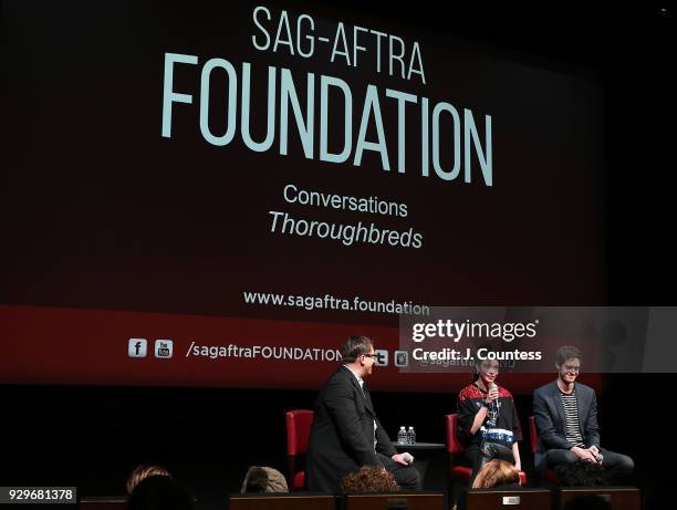 Moderator journalist Joshua Rothkopf, actress Anya Taylor-Joy and director Cory Finley speak during SAG-AFTRA Foundation Conversations:...