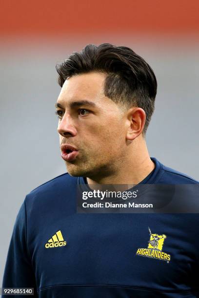 Rob Thompson of the Highlanders looks on ahead of the round four Super Rugby match between the Highlanders and the Stormers Forsyth Barr Stadium on...