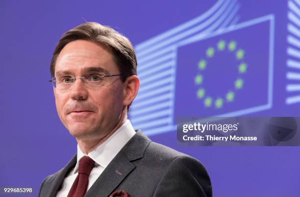 Jobs, Growth, Investment and Competitiveness Commissioner Jyrki Katainen answers questions at the Berlaymont, the EU Commission Headquarters on March...