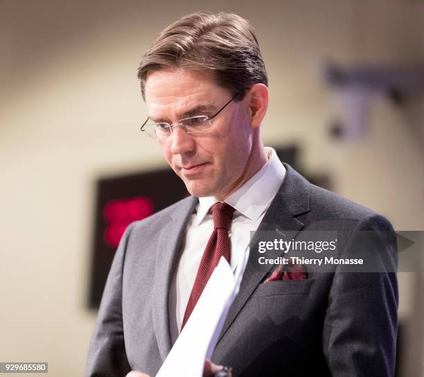 Jobs, Growth, Investment and Competitiveness Commissioner Jyrki Katainen at the Berlaymont, the EU Commission Headquarters on March 9, 2018 in...