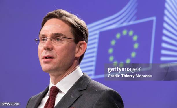 Jobs, Growth, Investment and Competitiveness Commissioner Jyrki Katainen answers questions at the Berlaymont, the EU Commission Headquarters on March...