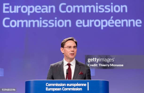 Jobs, Growth, Investment and Competitiveness Commissioner Jyrki Katainen answers questions at the Berlaymont, the EU Commission Headquarters on March...