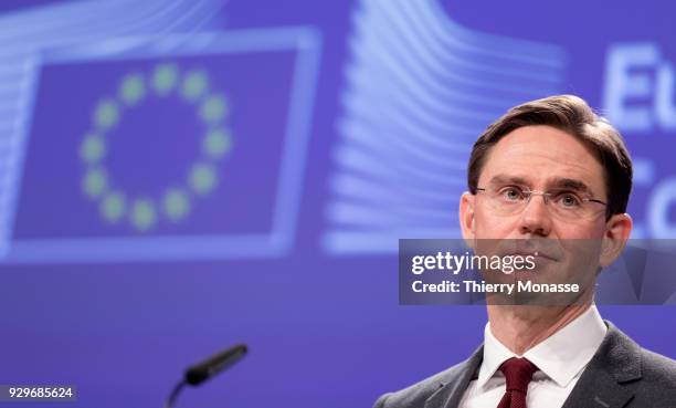 Jobs, Growth, Investment and Competitiveness Commissioner Jyrki Katainen answers questions at the Berlaymont, the EU Commission Headquarters on March...