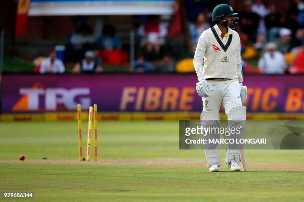 Australia batsman Nathan Lyon leaves the ground after having been dismissed by South Africa bowler Lungi Ngidi during day one of the second Sunfoil...