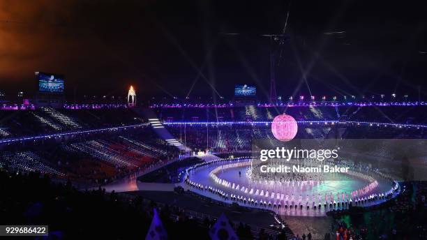 General view as dancers perform during the opening ceremony of the PyeongChang 2018 Paralympic Games at the PyeongChang Olympic Stadium on March 9,...