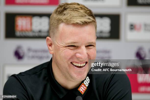 Bournemouth manager Eddie Howe talks during a press conference on March 9, 2018 in Bournemouth, England.