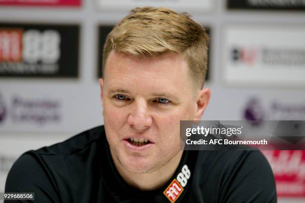 Bournemouth manager Eddie Howe talks during a press conference on March 9, 2018 in Bournemouth, England.