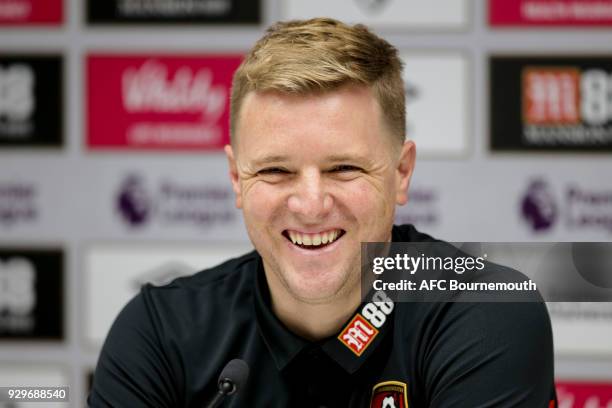 Bournemouth manager Eddie Howe talks during a press conference on March 9, 2018 in Bournemouth, England.