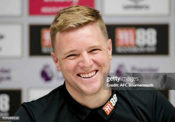 Bournemouth manager Eddie Howe talks during a press conference on March 9, 2018 in Bournemouth, England.