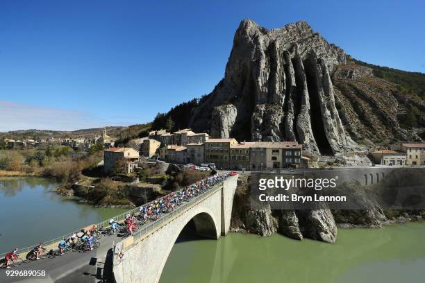 Landscape / Peloton / Mountains / Sisteron / Village / during stage 6 of the 76th Paris - Nice 2018, a 198km stage from Sisteron to Vence 331m on...