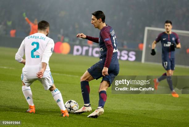Angel Di Maria of PSG during the UEFA Champions League Round of 16 Second Leg match between Paris Saint-Germain and Real Madrid at Parc des Princes...