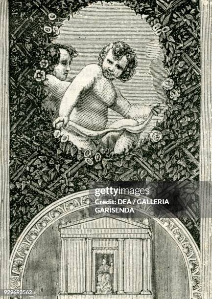 Cherub and lunette depicting the Temple of Jupiter, detail from the fresco by Correggio , Chamber of St Paul, former monastery of Saint Paul, Parma,...