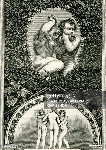 Cherub and lunette depicting the Three Graces, detail from the fresco by Correggio , Chamber of St Paul, former monastery of Saint Paul, Parma,...