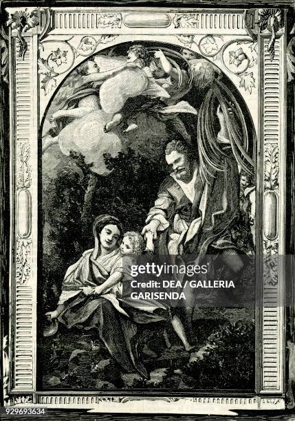 Madonna della Scodella, painting by Correggio , Parma, Emilia Romagna, Italy, woodcut from Le cento citta d'Italia , illustrated monthly Supplement...