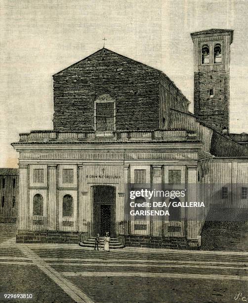 Church of the Holy Cross, Mortara, Lombardy, Italy, woodcut from Le cento citta d'Italia , illustrated monthly supplement of Il Secolo, Milan, 1896.