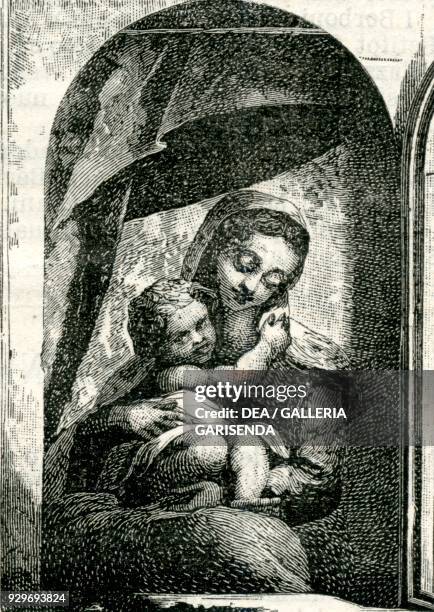 Madonna della Scala, fresco by Correggio , Parma, Emilia Romagna, Italy, woodcut from Le cento citta d'Italia , illustrated monthly Supplement of Il...