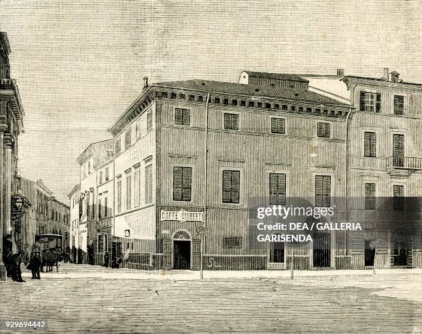 View of Piazza del Municipio , Sarzana, Liguria, Italy, woodcut from Le cento citta d'Italia , illustrated monthly supplement of Il Secolo, Milan,...