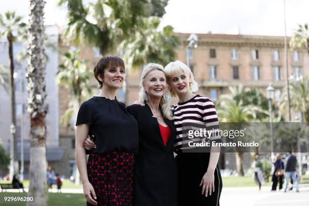 Lucia Ocone, Barbara Bouchet and Marina Rocco attend a photocall for 'Metti La Nonna Nel Freezer' at Piazza Cavour on March 9, 2018 in Rome, Italy.