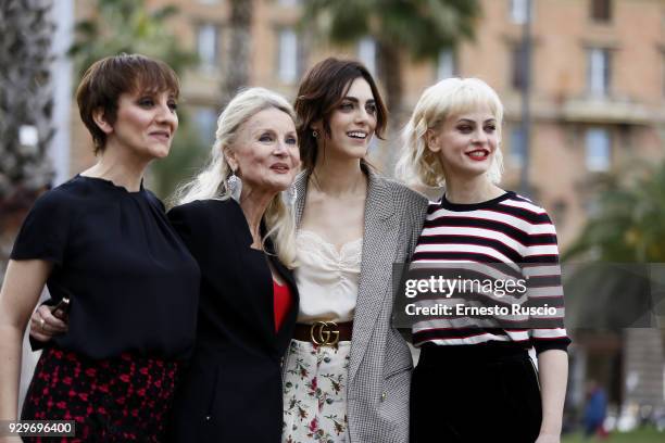 Lucia Ocone, Barbara Bouchet, Miriam Leone and Marina Rocco attend a photocall for 'Metti La Nonna Nel Freezer' at Piazza Cavour on March 9, 2018 in...