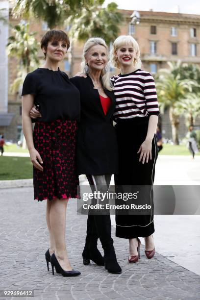 Lucia Ocone, Barbara Bouchet and Marina Rocco attend a photocall for 'Metti La Nonna Nel Freezer' at Piazza Cavour on March 9, 2018 in Rome, Italy.