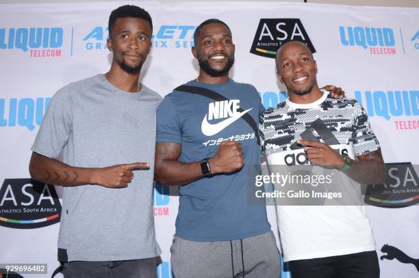 Anaso Jobodwana is a South African athlete,American sprinter Justin Gatlin and Akani Simbine is a South African sprinter during a media conference at...