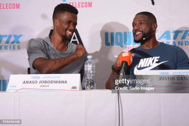 Anaso Jobodwana is a South African athlete and American sprinter Justin Gatlin during a media conference at the Premium Hotel on March 07, 2018 in...