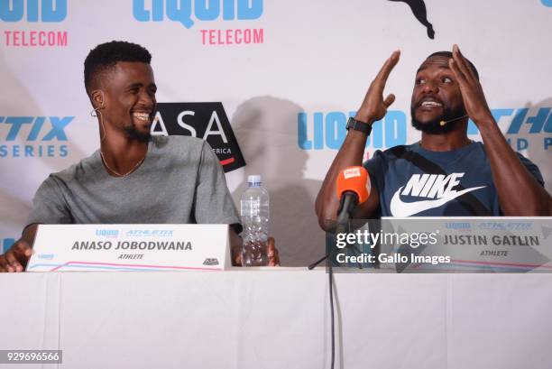 Anaso Jobodwana is a South African athlete and American sprinter Justin Gatlin during a media conference at the Premium Hotel on March 07, 2018 in...