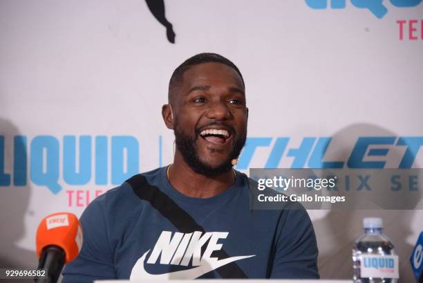 American sprinter Justin Gatlin during a media conference at the Premium Hotel on March 07, 2018 in Pretoria, South Africa. Gatlin, the reigning...