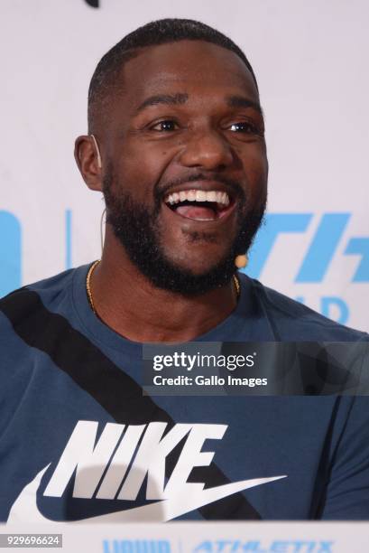 American sprinter Justin Gatlin during a media conference at the Premium Hotel on March 07, 2018 in Pretoria, South Africa. Gatlin, the reigning...