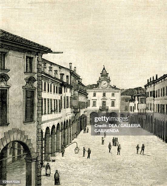 View of the main square , Correggio, Emilia-Romagna, Italy, woodcut from Le cento citta d'Italia , illustrated monthly supplement of Il Secolo,...