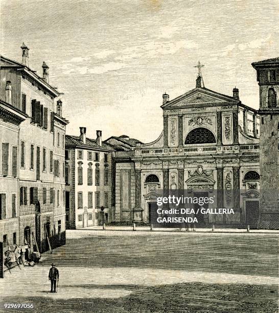 View of Piazza San Quirino, Correggio, Emilia-Romagna, Italy, woodcut from Le cento citta d'Italia , illustrated monthly supplement of Il Secolo,...