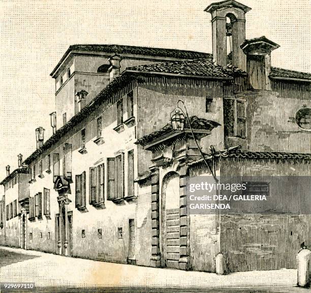 The old Infermi Hospital, Correggio, Emilia-Romagna, Italy, woodcut from Le cento citta d'Italia , illustrated monthly supplement of Il Secolo,...