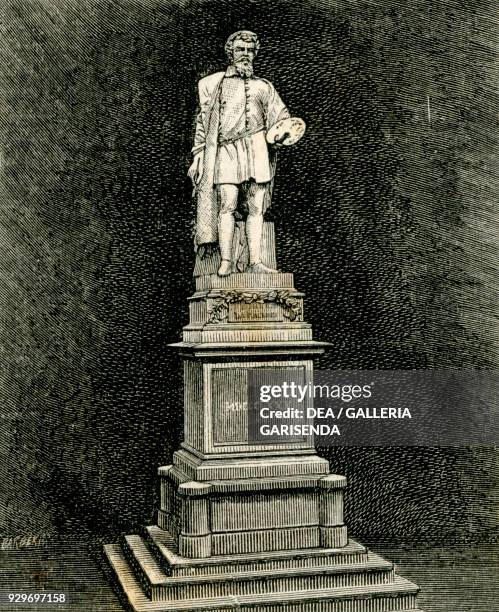 The Monument to Antonio Allegri da Correggio, by Vincenzo Vela , Correggio, Emilia-Romagna, Italy, woodcut by Barberis, from Le cento citta d'Italia...