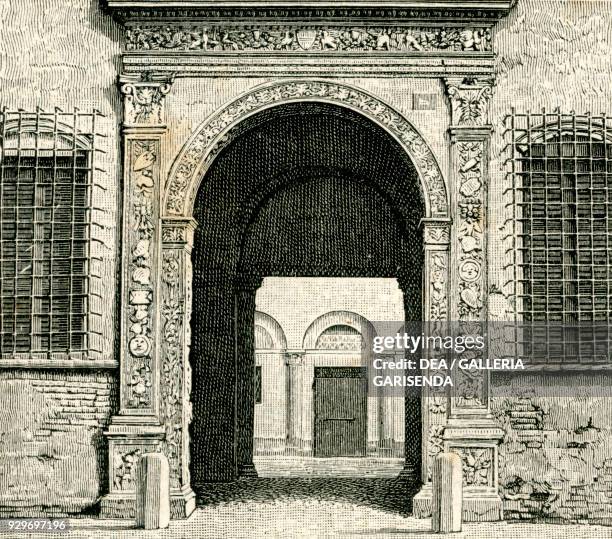 The main entrance to the Palazzo dei Principi, Correggio, Emilia-Romagna, Italy, woodcut from Le cento citta d'Italia , illustrated monthly...