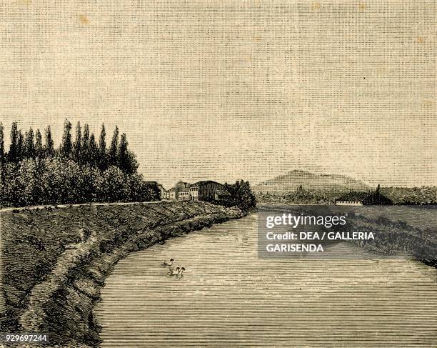 Tronco canal and Battaglia Terme, Padua, Veneto, Italy, woodcut from Le cento citta d'Italia , illustrated monthly Supplement of Il Secolo, Milan,...