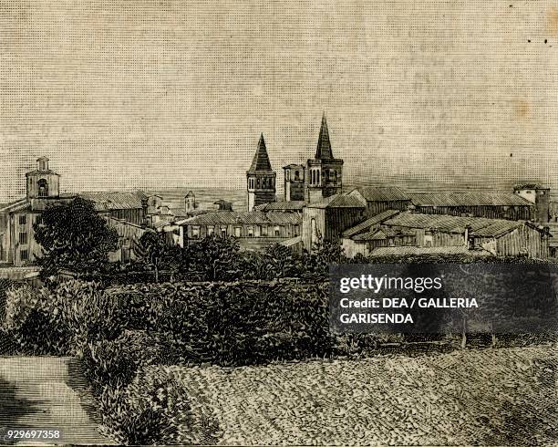 View of the Cathedral bell tower, church of Saint Francis and Berta Tower, Sansepolcro, Tuscany, Italy, woodcut from Le cento citta d'Italia ,...
