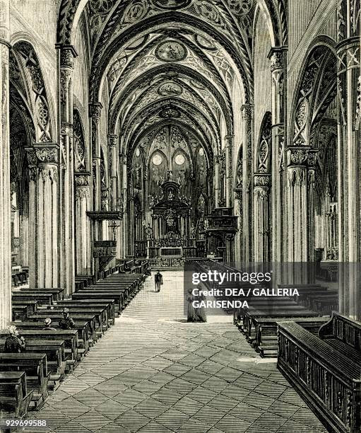 Interior of Saluzzo Cathedral, Piedmont, Italy, woodcut from Le cento citta d'Italia , illustrated monthly supplement of Il Secolo, Milan, 1894.