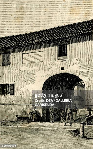 Farmhouse where king Victor Emmanuel II and Field marshal Radetzky signed the armistice, March 24 Vignale, Novara, Piedmont, Italy, woodcut from Le...