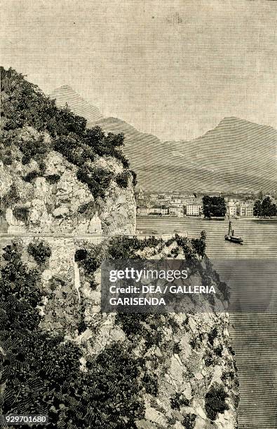 The lookout on the Ponale trail, Riva del Garda and Lake Garda, Trentino-Alto Adige, Italy, woodcut from Le cento citta d'Italia , illustrated...