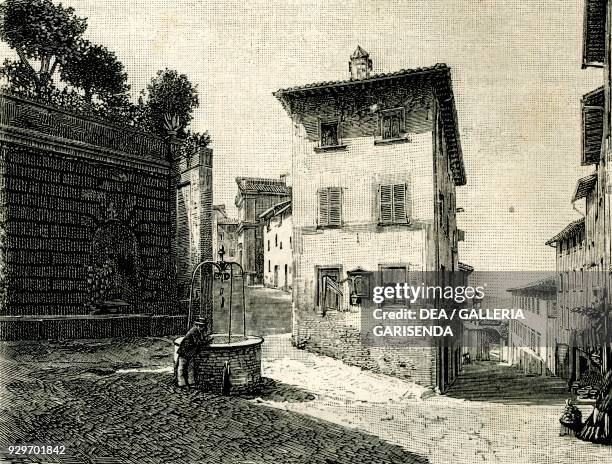 Via Lavagna and strada Sant'Andrea, Urbino, Marche, Italy, woodcut from Le cento citta d'Italia , illustrated monthly supplement of Il Secolo, Milan,...